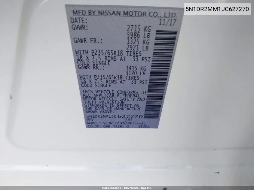 5N1DR2MM1JC627270 2018 Nissan Pathfinder Sv