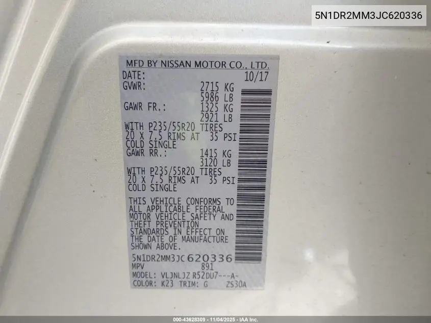 5N1DR2MM3JC620336 2018 Nissan Pathfinder Platinum