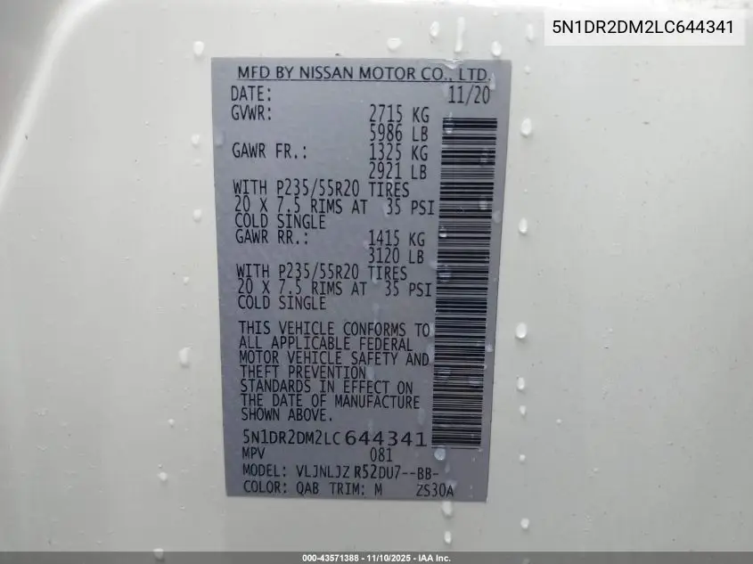 5N1DR2DM2LC644341 2020 Nissan Pathfinder Platinum 4Wd