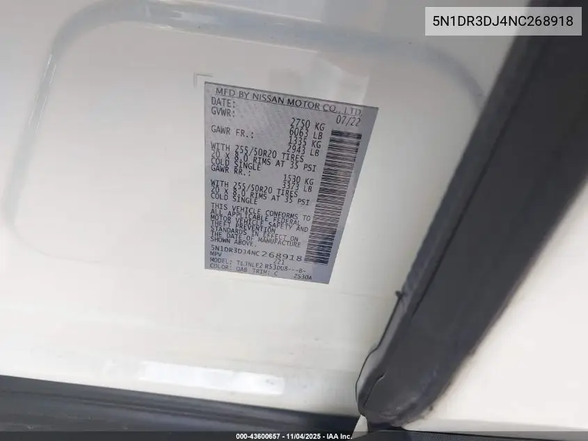5N1DR3DJ4NC268918 2022 Nissan Pathfinder Platinum 4Wd