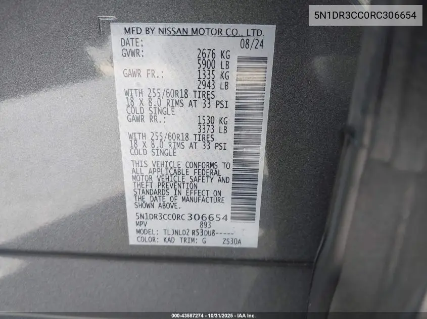 5N1DR3CC0RC306654 2024 Nissan Pathfinder Sl 4Wd