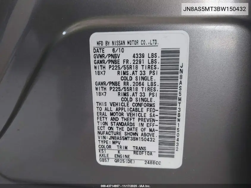 JN8AS5MT3BW150432 2011 Nissan Rogue Sv