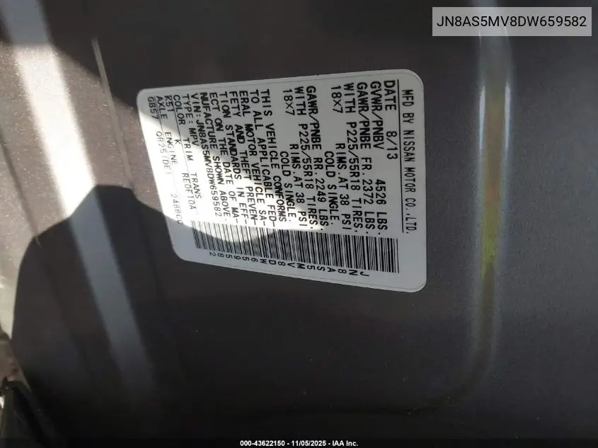 JN8AS5MV8DW659582 2013 Nissan Rogue Sv W/Sl Pkg