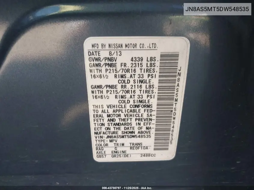 JN8AS5MT5DW548535 2013 Nissan Rogue S