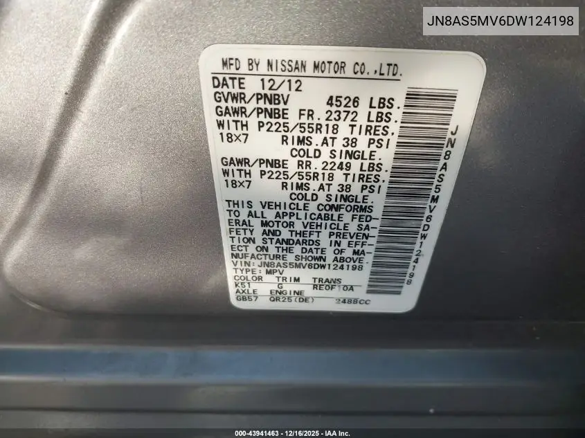 JN8AS5MV6DW124198 2013 Nissan Rogue Sv W/Sl Pkg