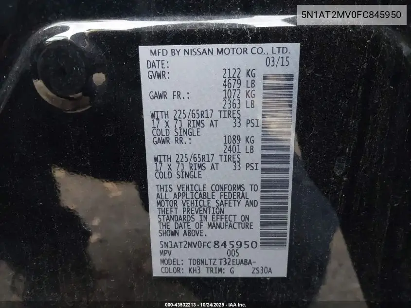5N1AT2MV0FC845950 2015 Nissan Rogue Sv