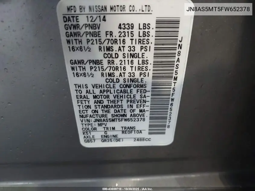 JN8AS5MT5FW652378 2015 Nissan Rogue Select S