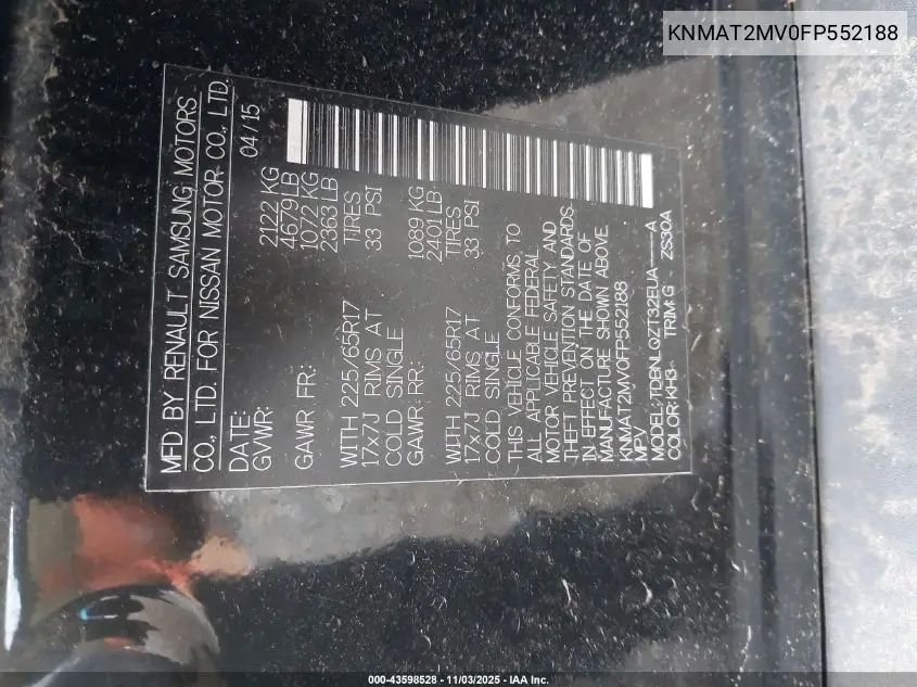 KNMAT2MV0FP552188 2015 Nissan Rogue Sv