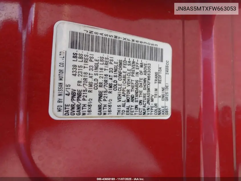 JN8AS5MTXFW663053 2015 Nissan Rogue Select S
