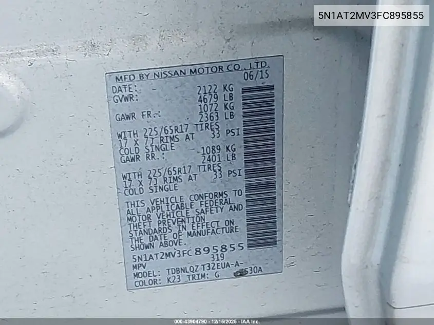 5N1AT2MV3FC895855 2015 Nissan Rogue Sv