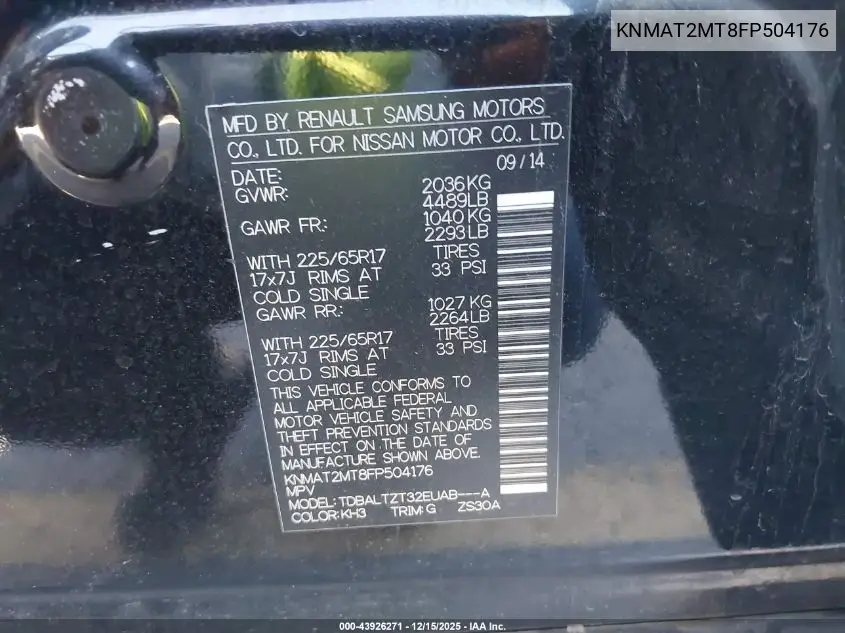 KNMAT2MT8FP504176 2015 Nissan Rogue Sv