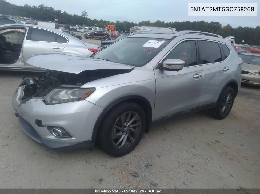 2016 Nissan Rogue Sl VIN: 5N1AT2MT5GC758268 Lot: 40275243