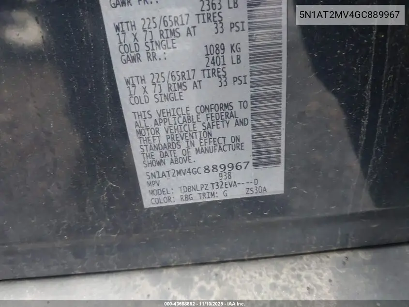 5N1AT2MV4GC889967 2016 Nissan Rogue S