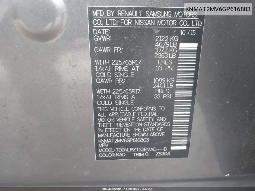 KNMAT2MV6GP616803 2016 Nissan Rogue S
