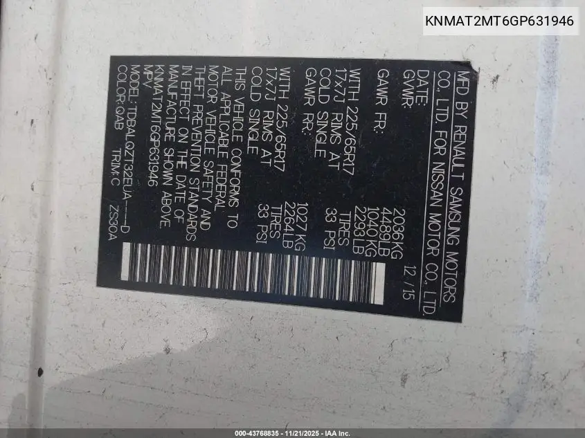 KNMAT2MT6GP631946 2016 Nissan Rogue Sv