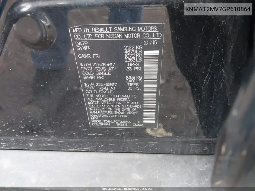 KNMAT2MV7GP610864 2016 Nissan Rogue S