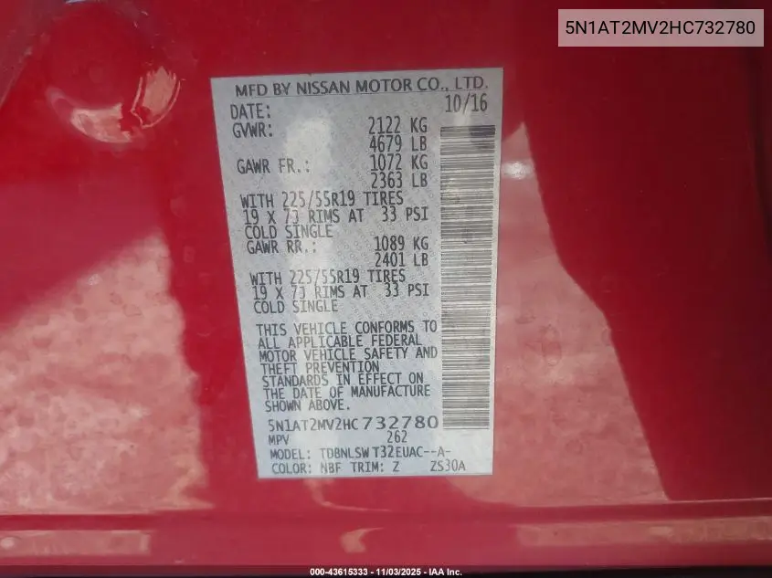 5N1AT2MV2HC732780 2017 Nissan Rogue Sl