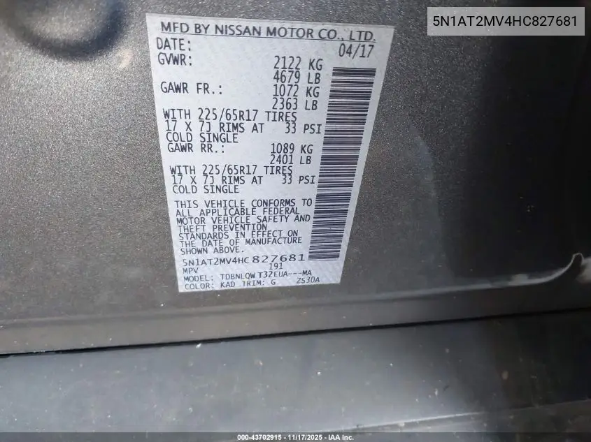 5N1AT2MV4HC827681 2017 Nissan Rogue Sv