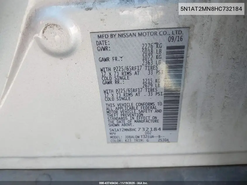 5N1AT2MN8HC732184 2017 Nissan Rogue Sv