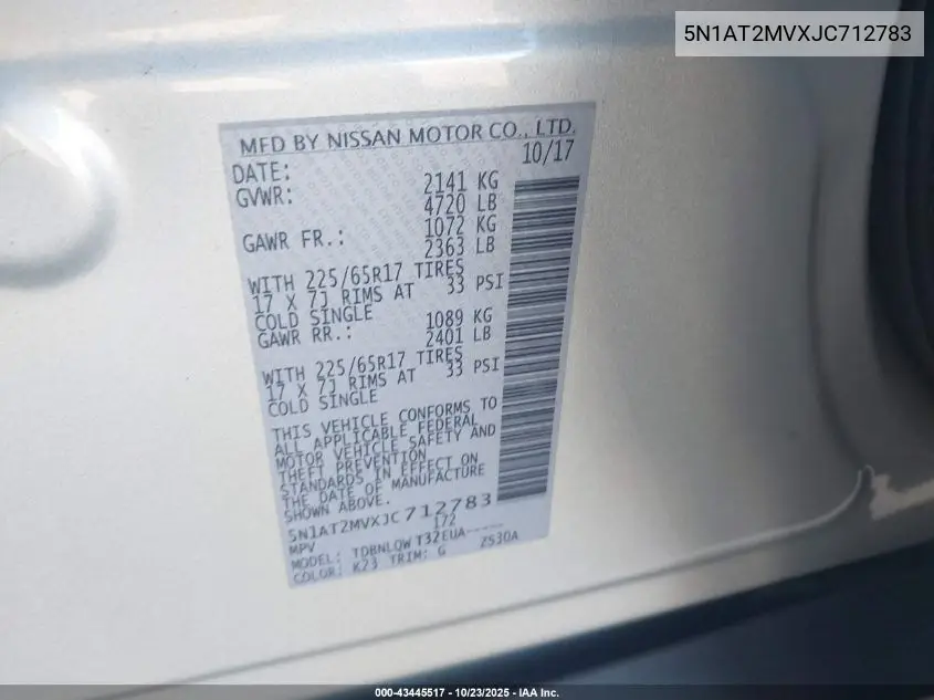 5N1AT2MVXJC712783 2018 Nissan Rogue Sv