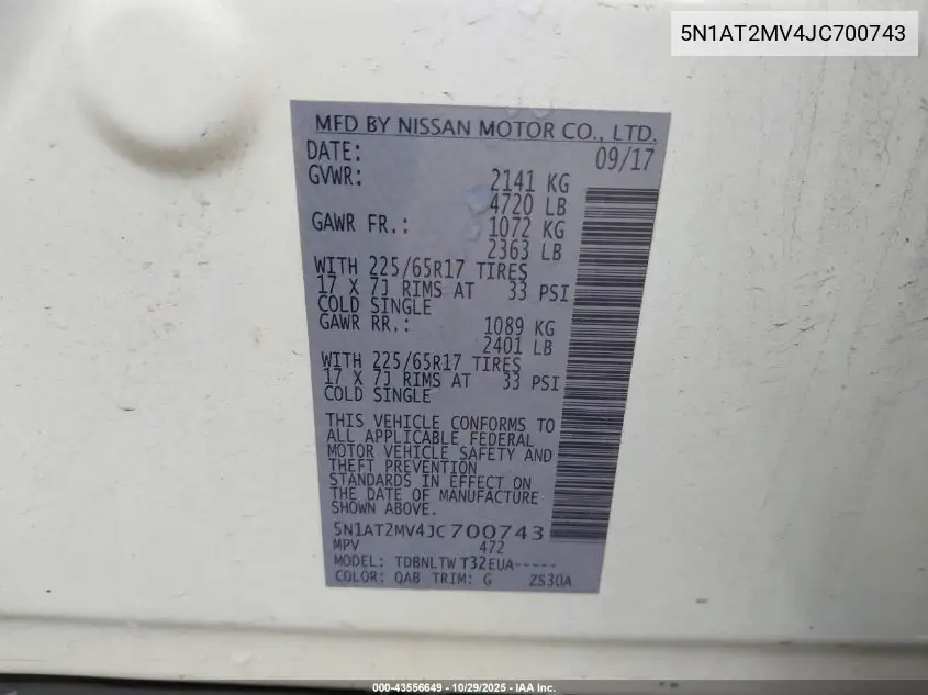 5N1AT2MV4JC700743 2018 Nissan Rogue Sv