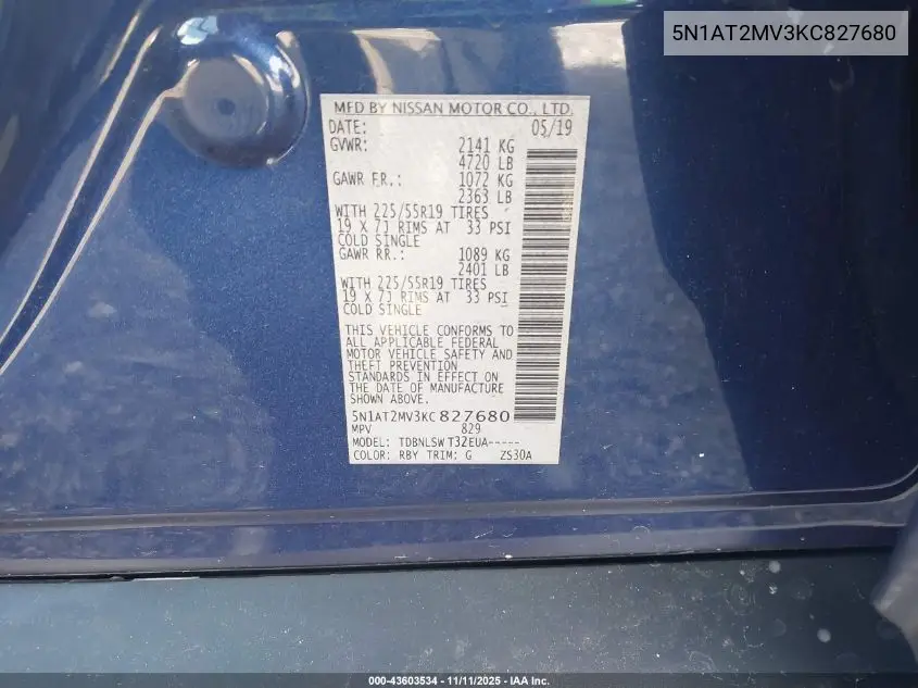 5N1AT2MV3KC827680 2019 Nissan Rogue Sl
