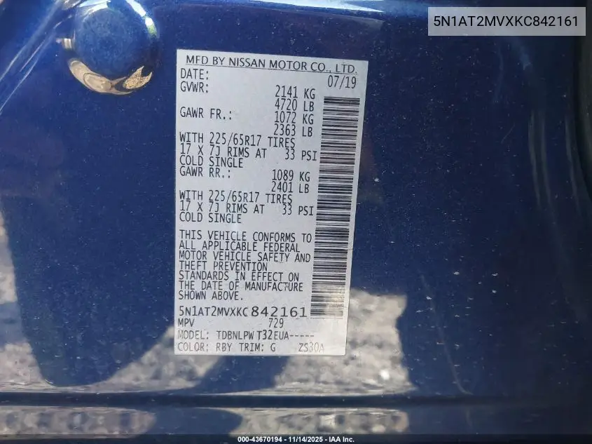 5N1AT2MVXKC842161 2019 Nissan Rogue S