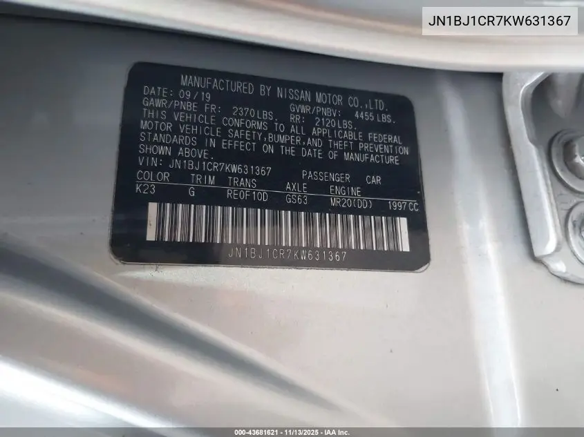 JN1BJ1CR7KW631367 2019 Nissan Rogue Sport S