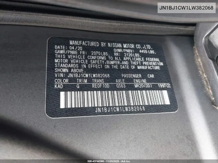 JN1BJ1CW1LW382068 2020 Nissan Rogue Sport Sv Awd Xtronic Cvt