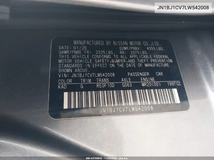 JN1BJ1CV7LW542008 2020 Nissan Rogue Sport S Fwd Xtronic Cvt