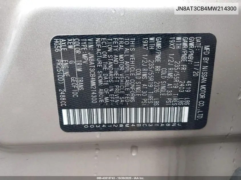 JN8AT3CB4MW214300 2021 Nissan Rogue Sl Intelligent Awd