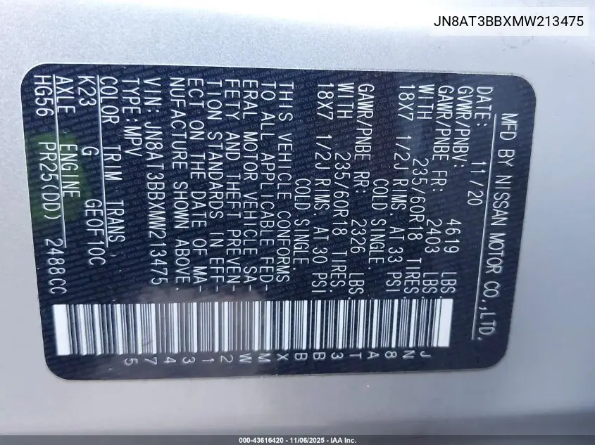 JN8AT3BBXMW213475 2021 Nissan Rogue Sv Intelligent Awd