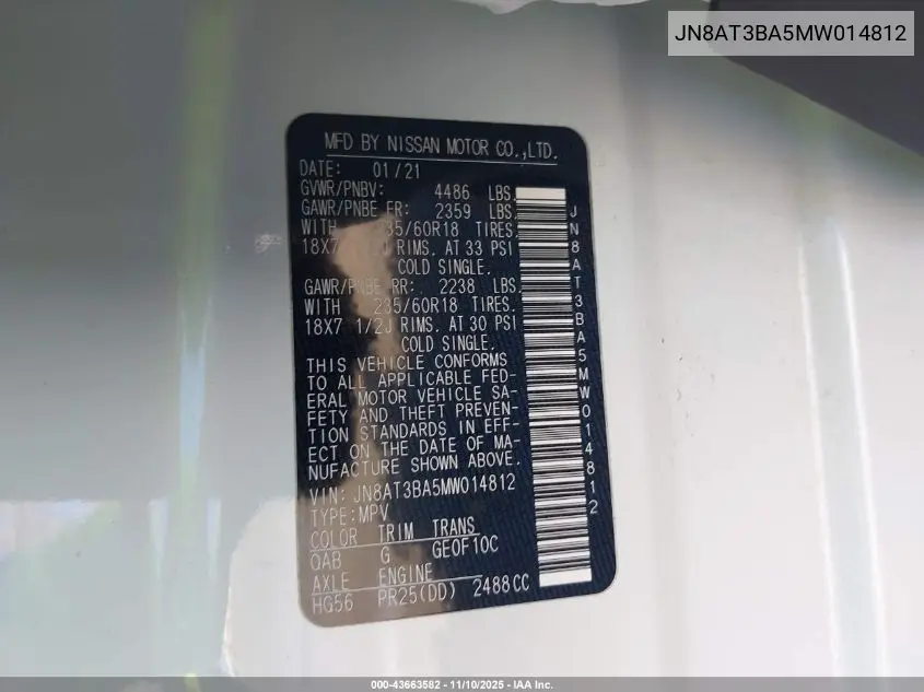 JN8AT3BA5MW014812 2021 Nissan Rogue Sv Fwd