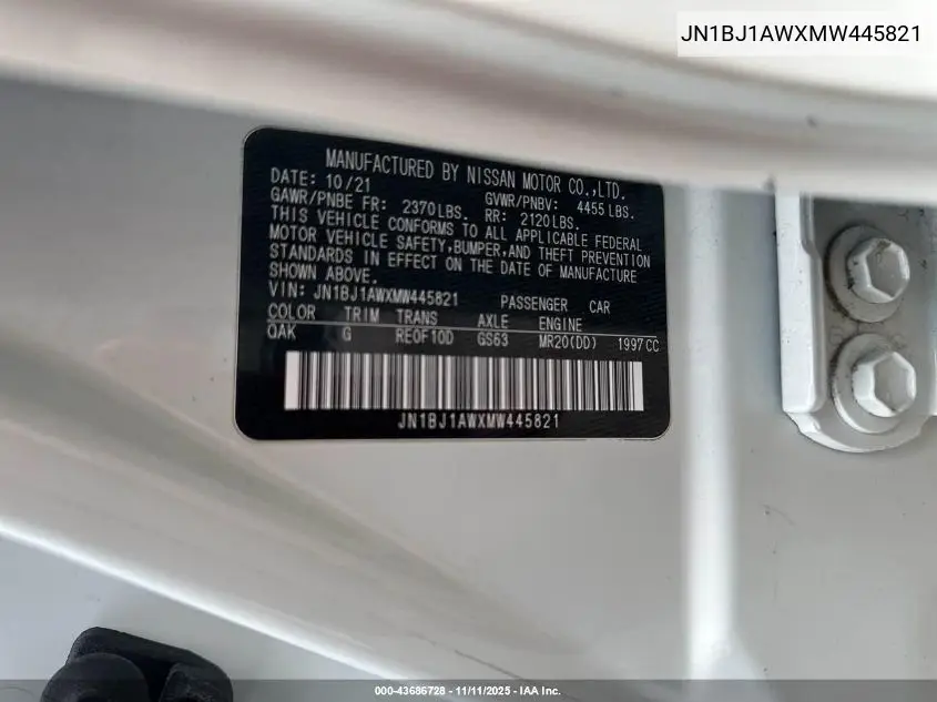 JN1BJ1AWXMW445821 2021 Nissan Rogue Sport S