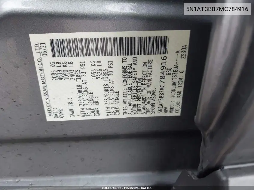 5N1AT3BB7MC784916 2021 Nissan Rogue Sv Intelligent Awd