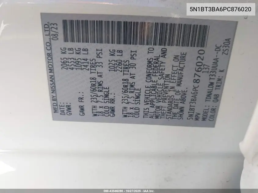 5N1BT3BA6PC876020 2023 Nissan Rogue Sv Fwd