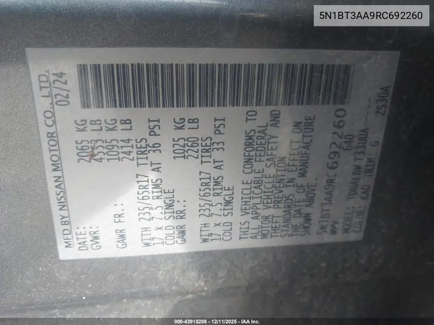 5N1BT3AA9RC692260 2024 Nissan Rogue S Fwd