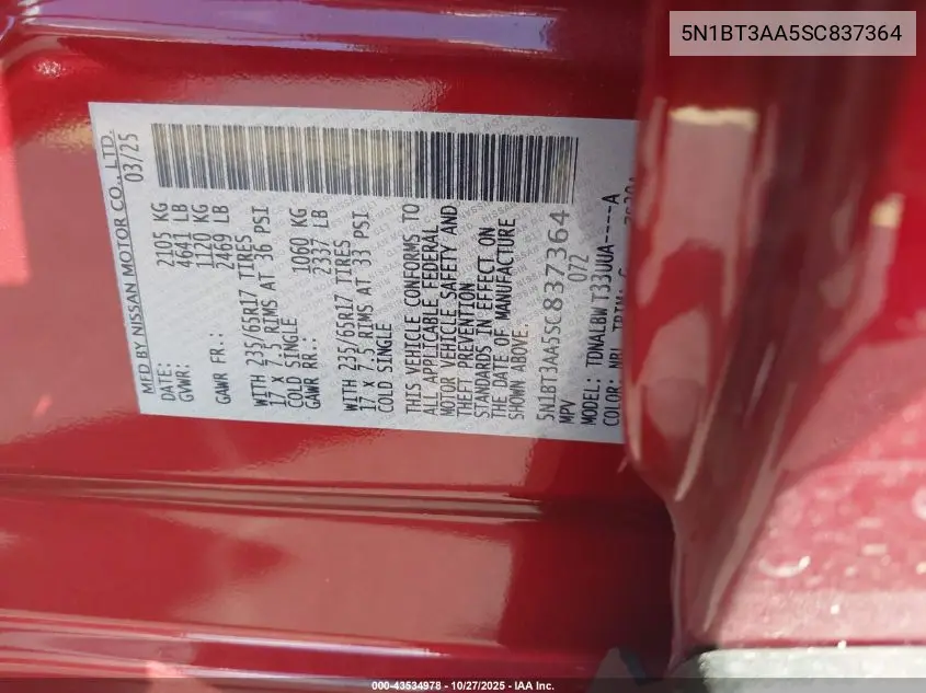 5N1BT3AA5SC837364 2025 Nissan Rogue S Fwd