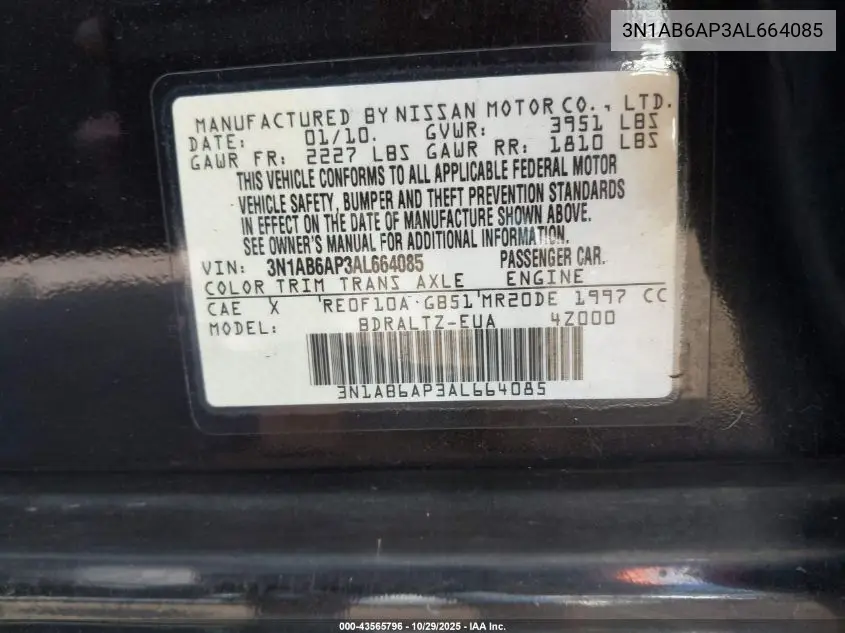 3N1AB6AP3AL664085 2010 Nissan Sentra 2.0S