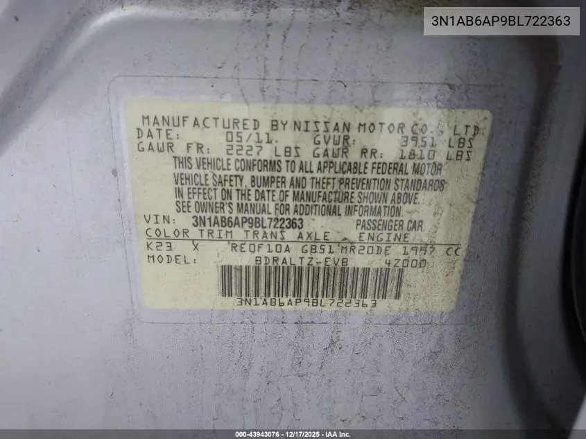 3N1AB6AP9BL722363 2011 Nissan Sentra 2.0S