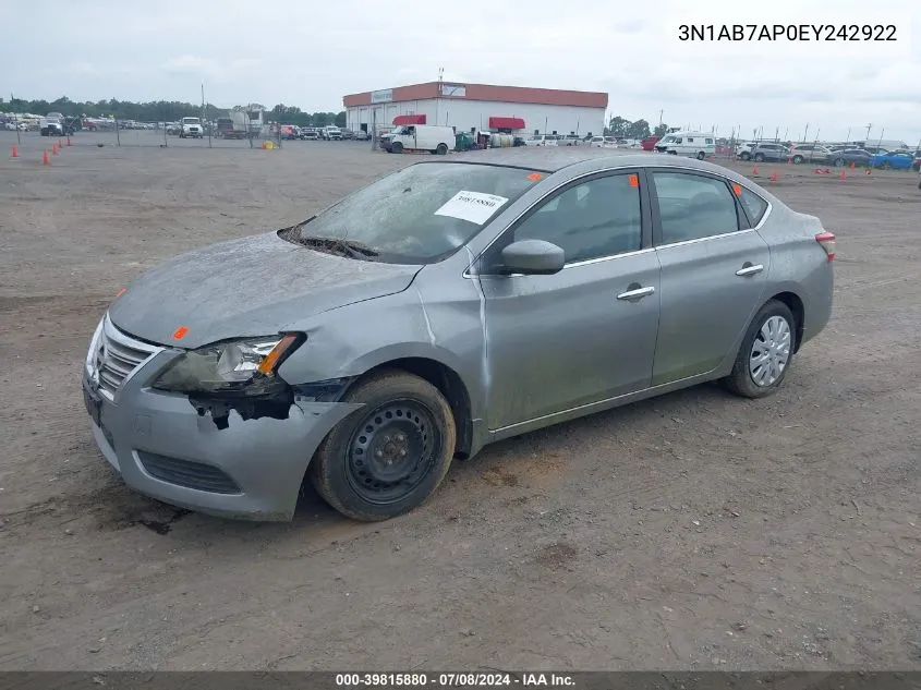 2014 Nissan Sentra Fe+ S/Fe+ Sv/S/Sl/Sr/Sv VIN: 3N1AB7AP0EY242922 Lot: 39815880