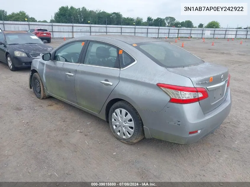 2014 Nissan Sentra Fe+ S/Fe+ Sv/S/Sl/Sr/Sv VIN: 3N1AB7AP0EY242922 Lot: 39815880