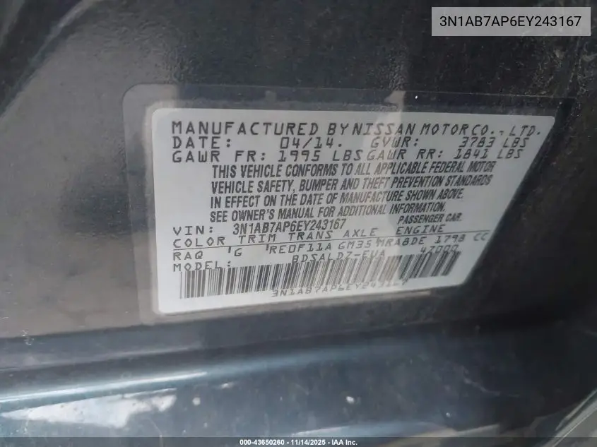 3N1AB7AP6EY243167 2014 Nissan Sentra Sv