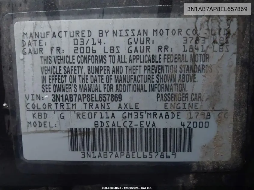 3N1AB7AP8EL657869 2014 Nissan Sentra S