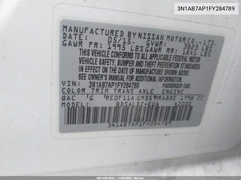 3N1AB7AP1FY284789 2015 Nissan Sentra Sv