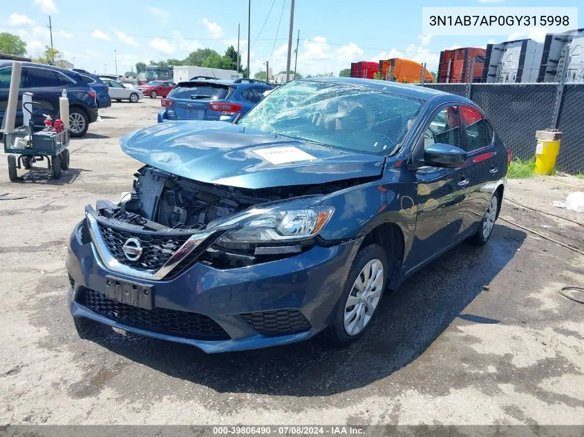 2016 Nissan Sentra Sv VIN: 3N1AB7AP0GY315998 Lot: 39806490