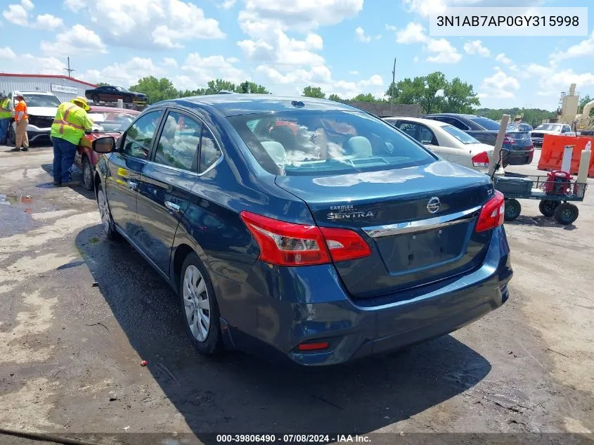 2016 Nissan Sentra Sv VIN: 3N1AB7AP0GY315998 Lot: 39806490