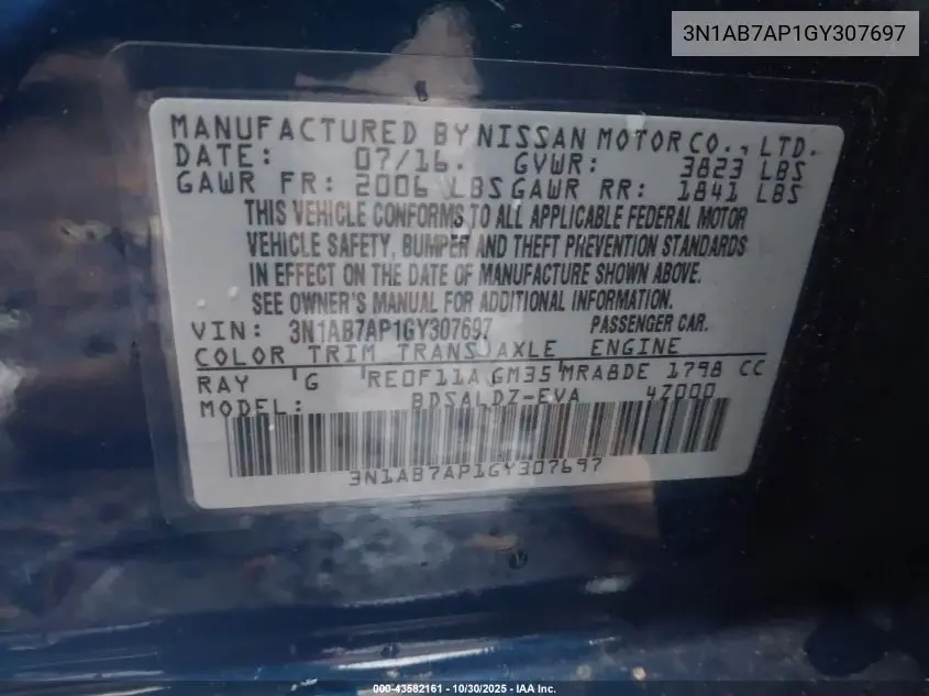 3N1AB7AP1GY307697 2016 Nissan Sentra Sv