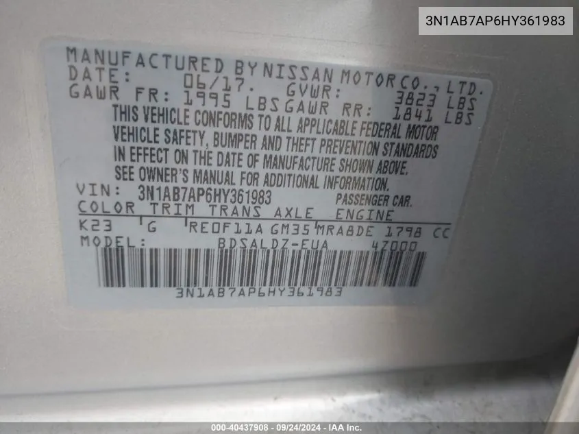 3N1AB7AP6HY361983 2017 Nissan Sentra Sv