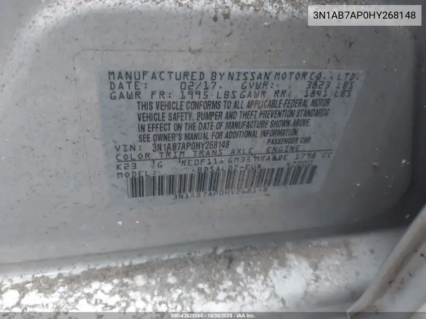 3N1AB7AP0HY268148 2017 Nissan Sentra Sv